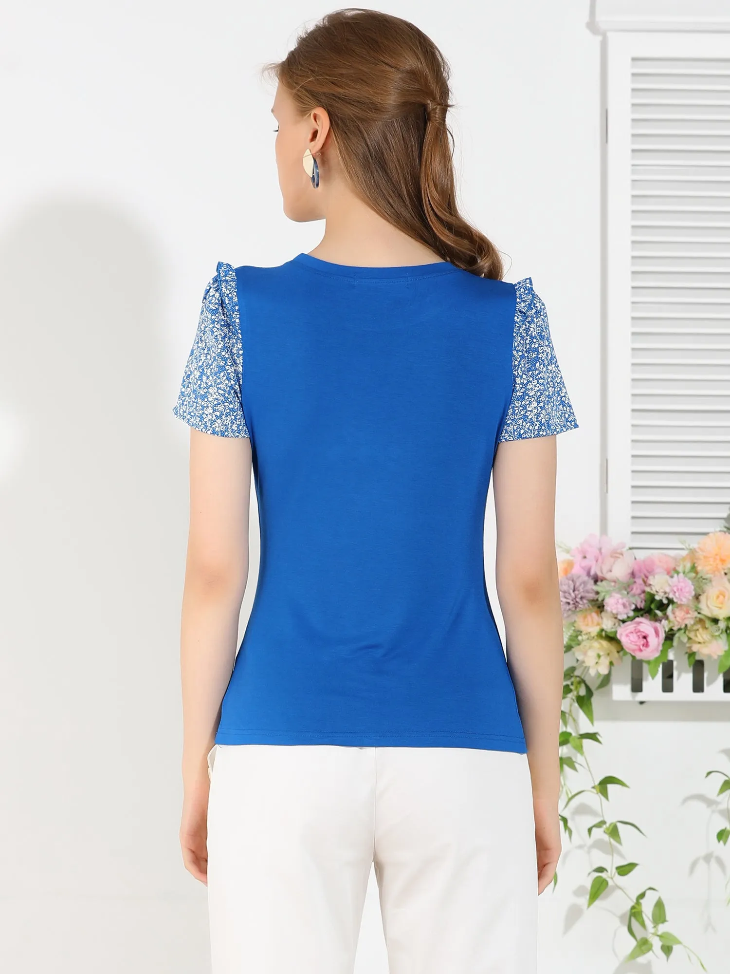 Round Neck Contrast Panel Slim Fit Ruffles Shoulder Short Sleeve Top sold by Allegra K product image thumbnail 5
