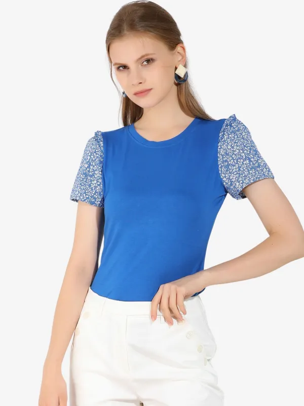 Round Neck Contrast Panel Slim Fit Ruffles Shoulder Short Sleeve Top sold by Allegra K