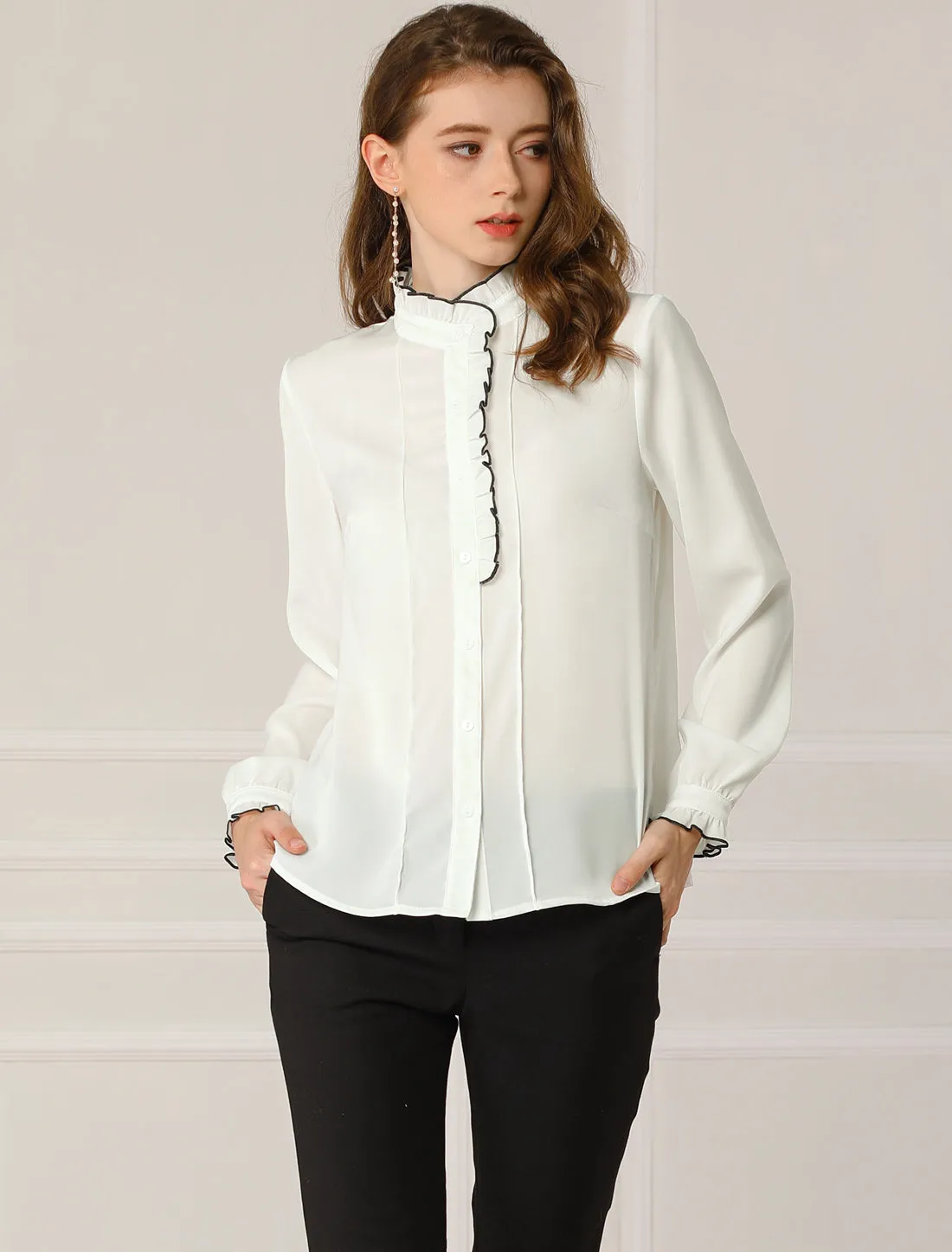 Work Office Long Sleeve Ruffled Stand Collar Blouse sold by Allegra K product image thumbnail 3