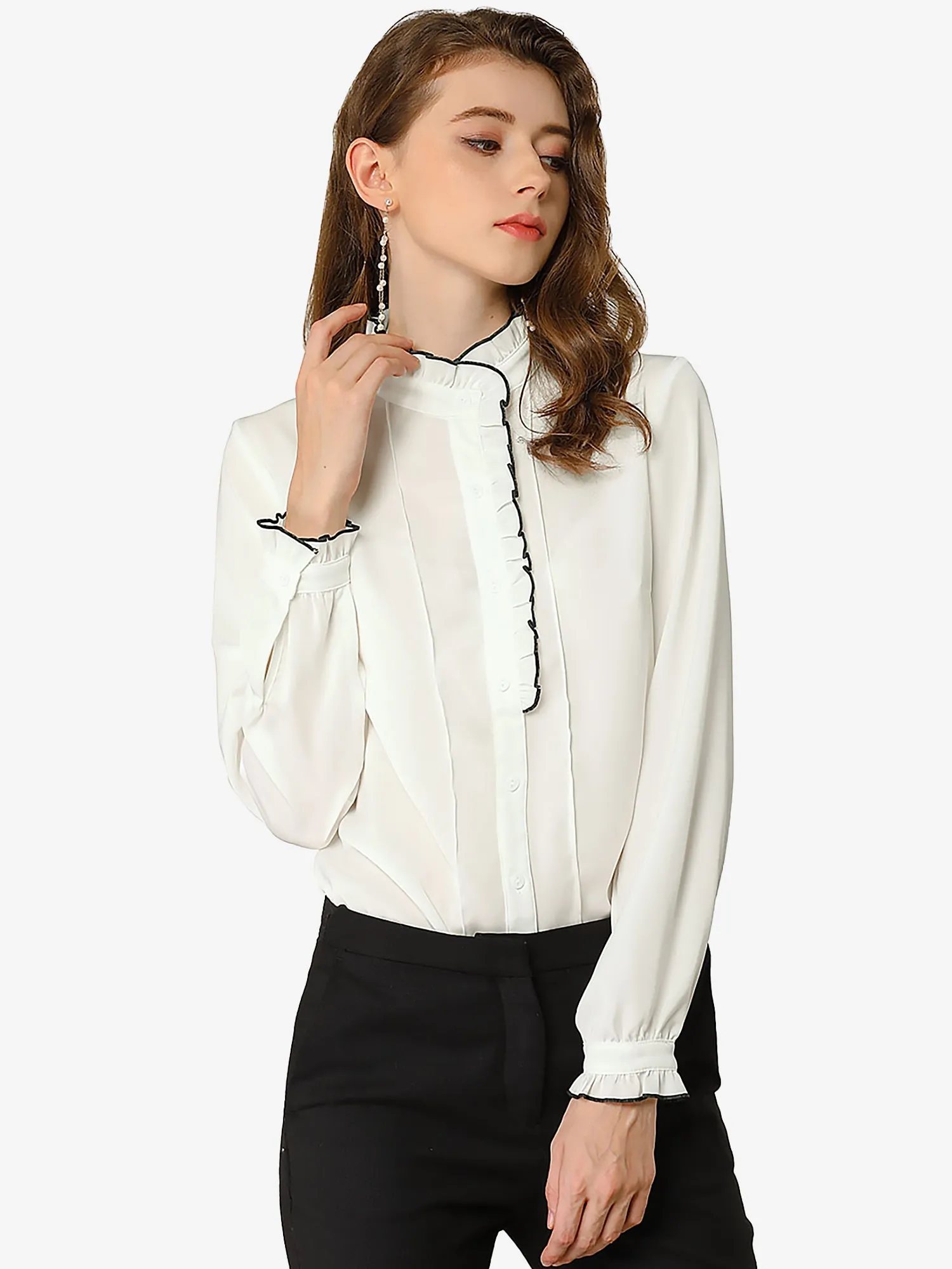 Work Office Long Sleeve Ruffled Stand Collar Blouse sold by Allegra K