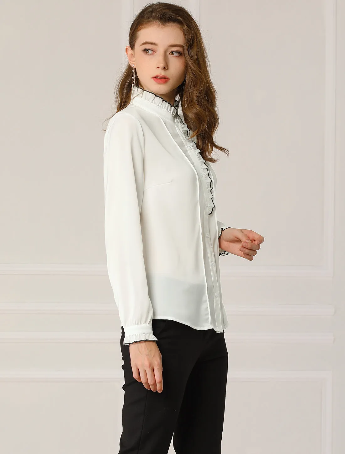 Work Office Long Sleeve Ruffled Stand Collar Blouse sold by Allegra K product image thumbnail 4