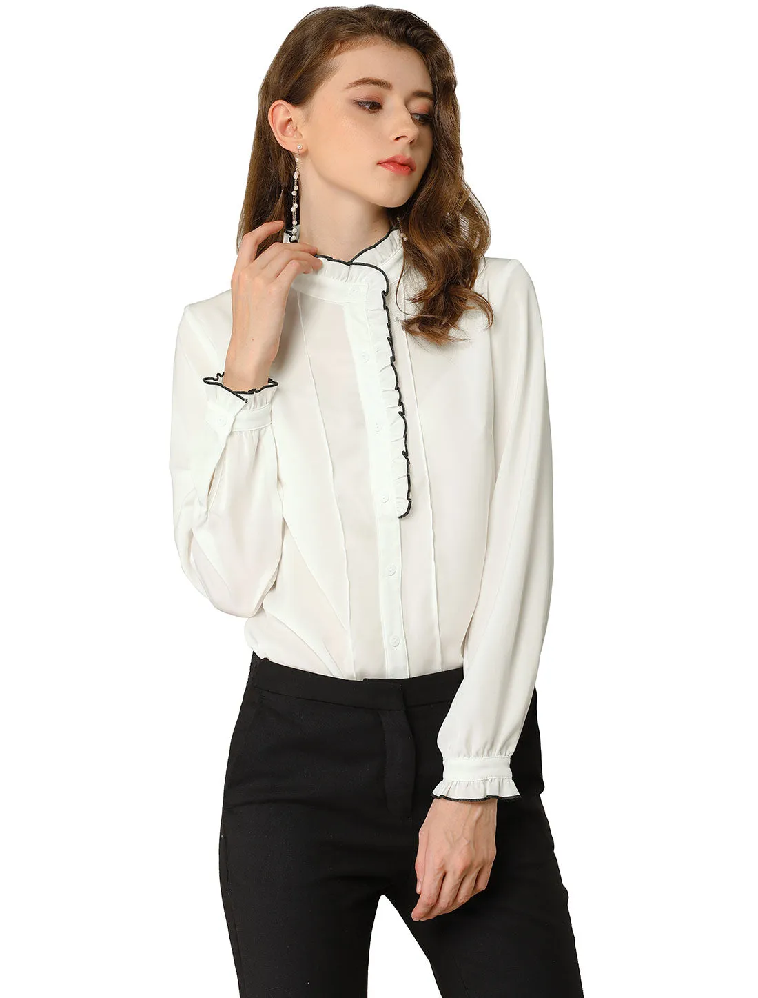Work Office Long Sleeve Ruffled Stand Collar Blouse sold by Allegra K product image thumbnail 2