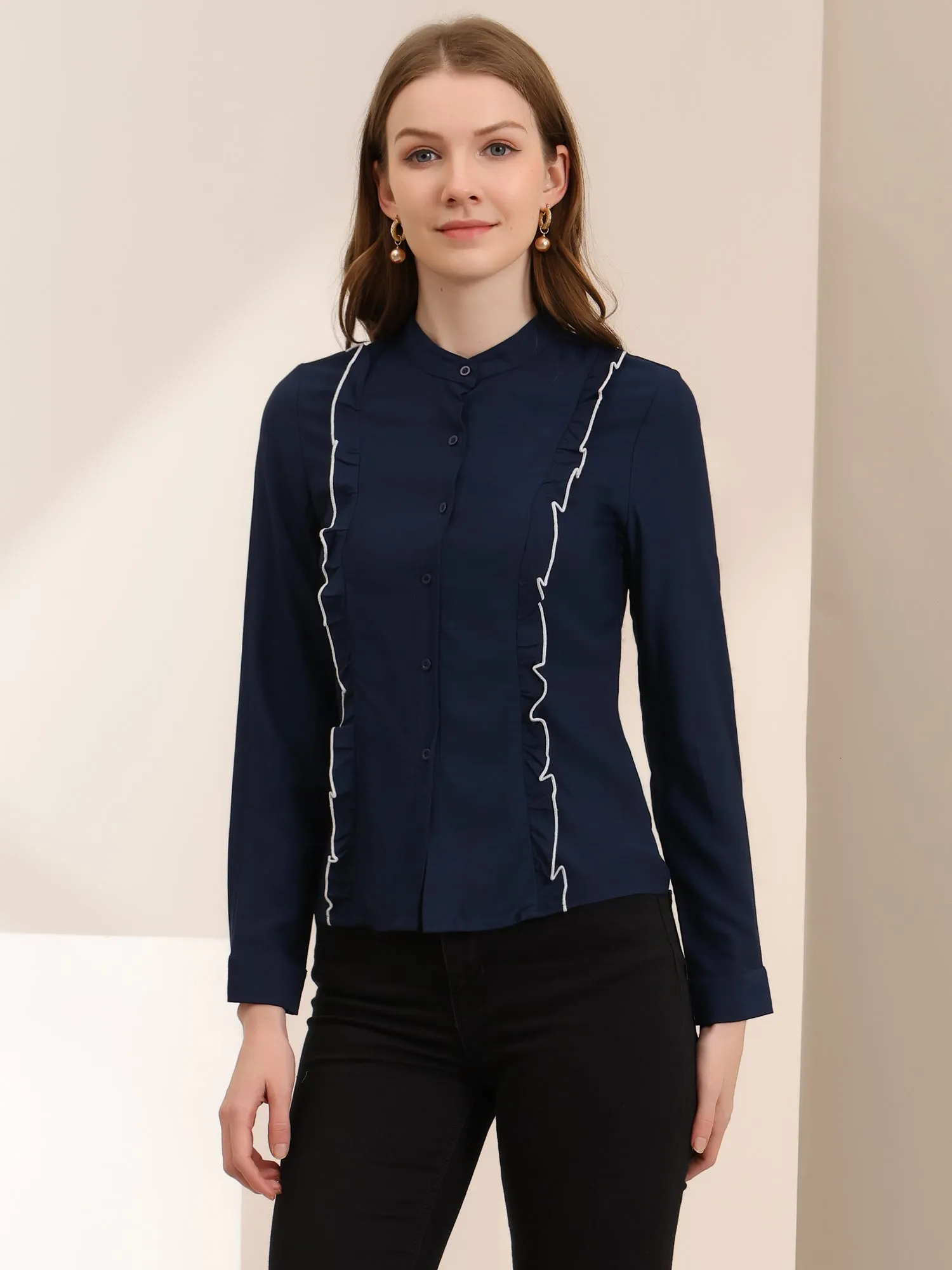 Ruffle Long Sleeve Stand Collar Button Down Work Office Blouse sold by Allegra K product image thumbnail 4