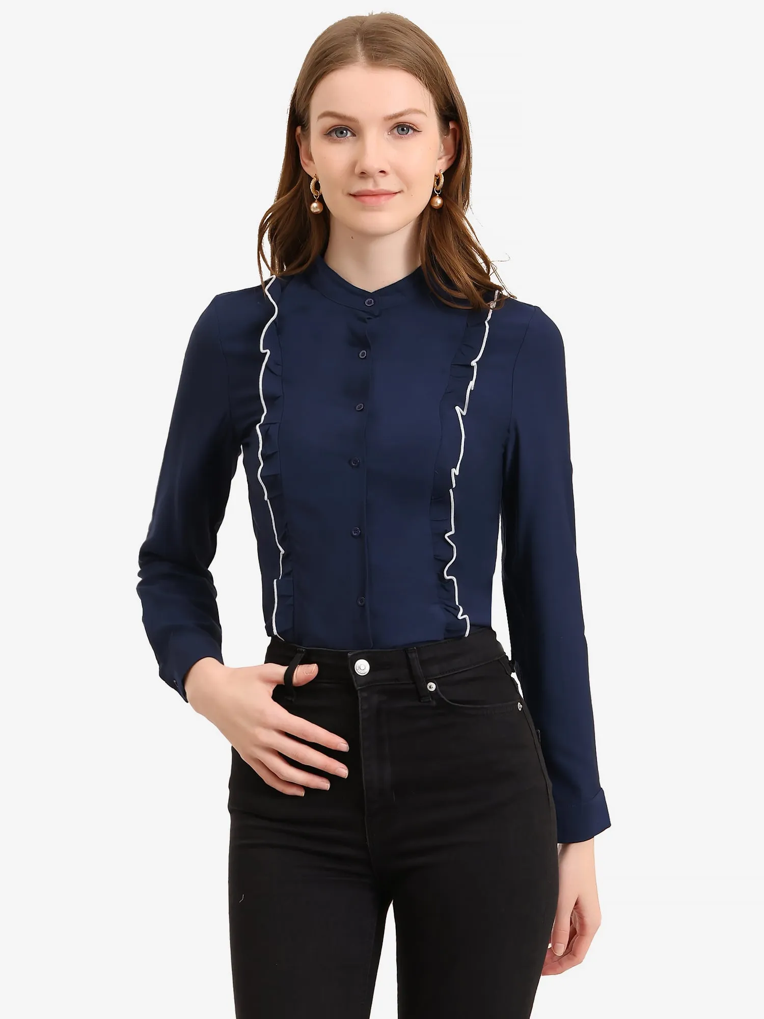 Ruffle Long Sleeve Stand Collar Button Down Work Office Blouse sold by Allegra K