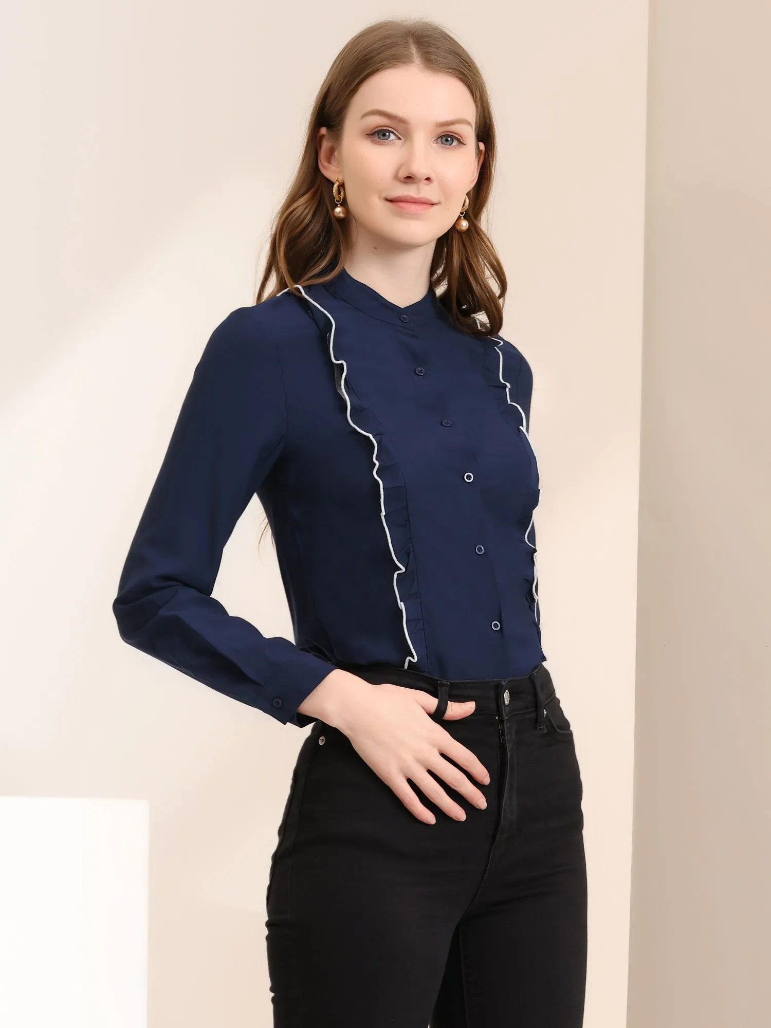 Ruffle Long Sleeve Stand Collar Button Down Work Office Blouse sold by Allegra K product image thumbnail 2