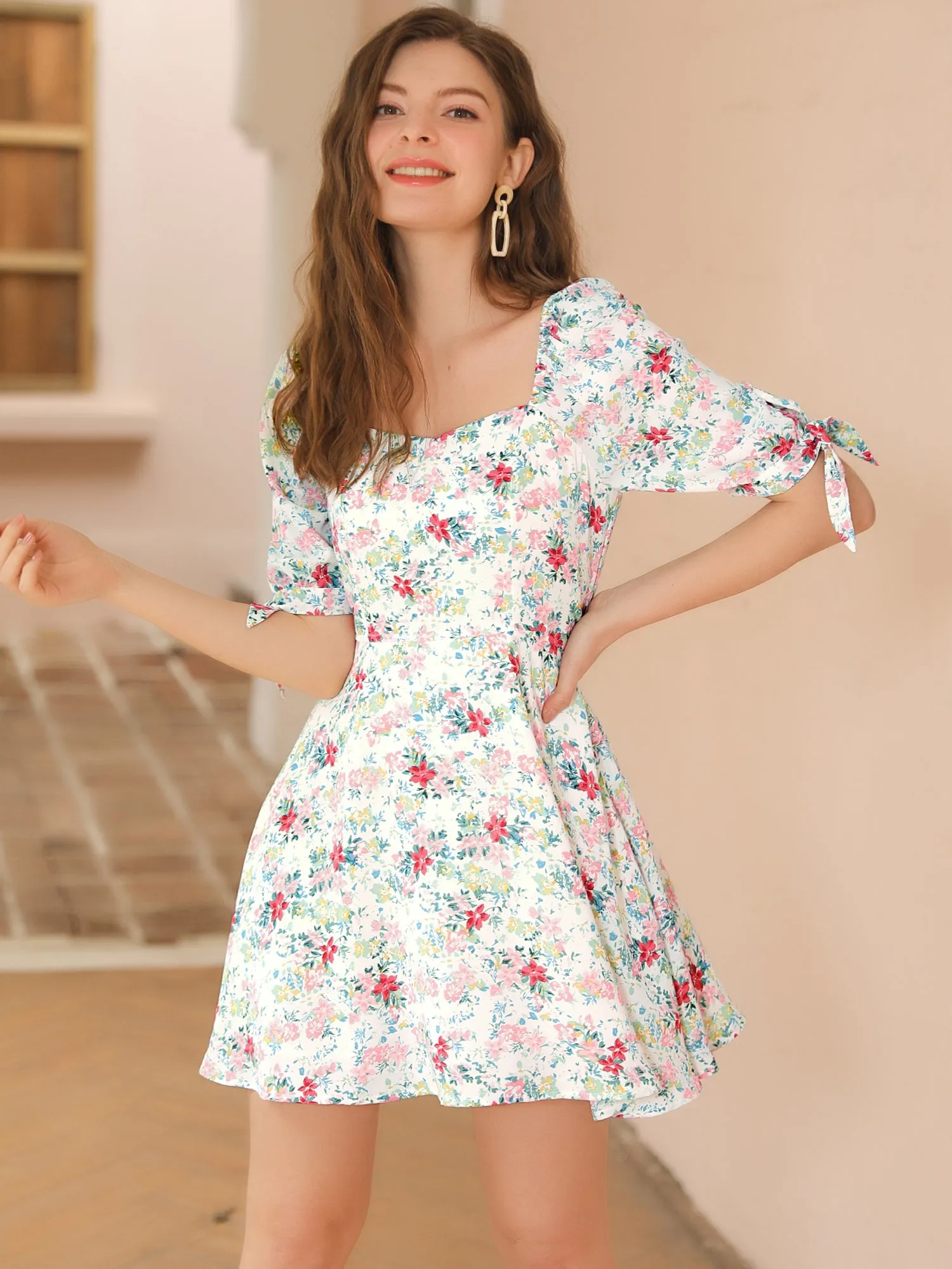 Floral Printed Sweetheart Neck Puff Sleeve A-Line Mini Dress sold by Allegra K product image thumbnail 2