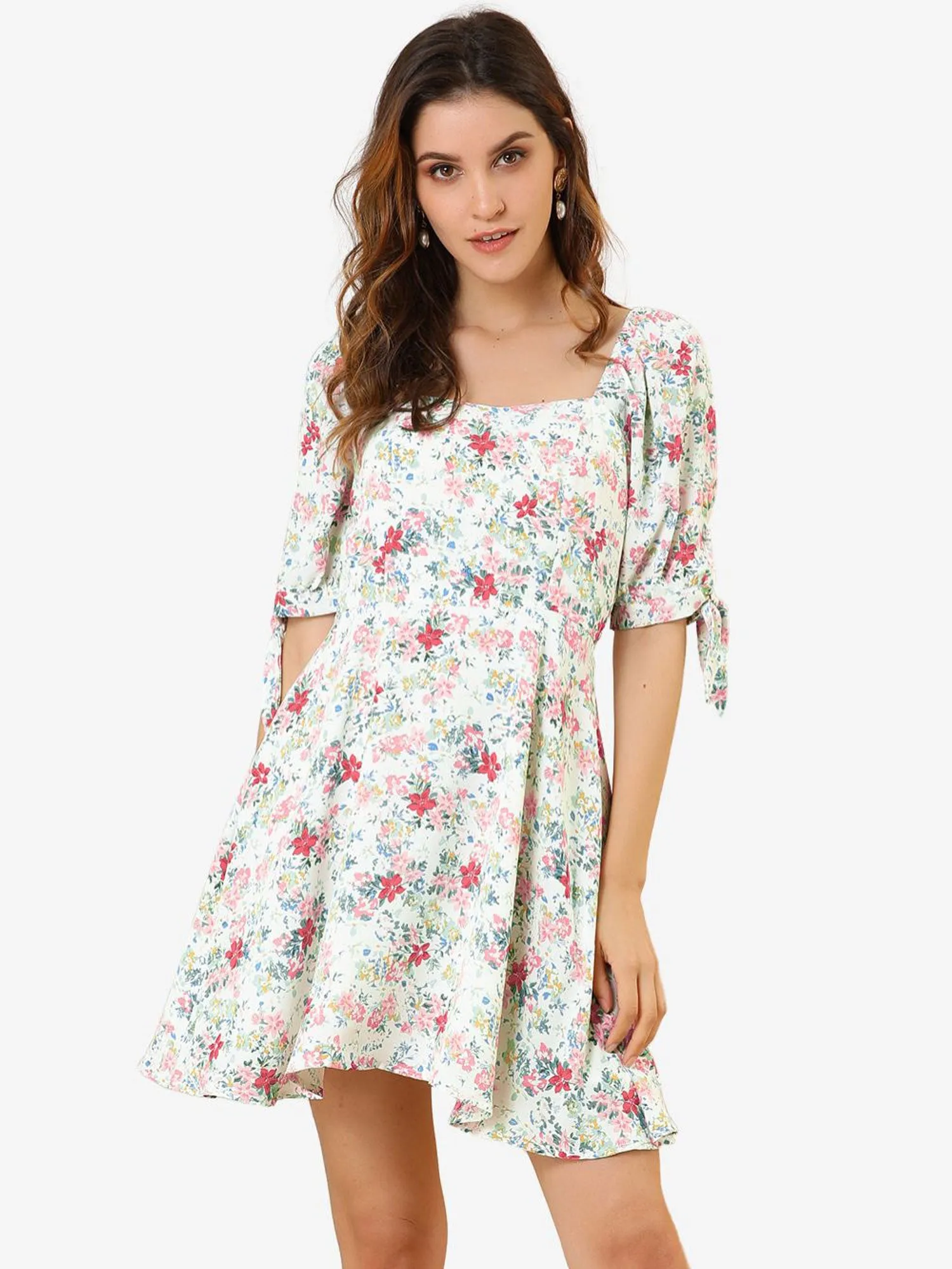 Floral Printed Sweetheart Neck Puff Sleeve A-Line Mini Dress sold by Allegra K