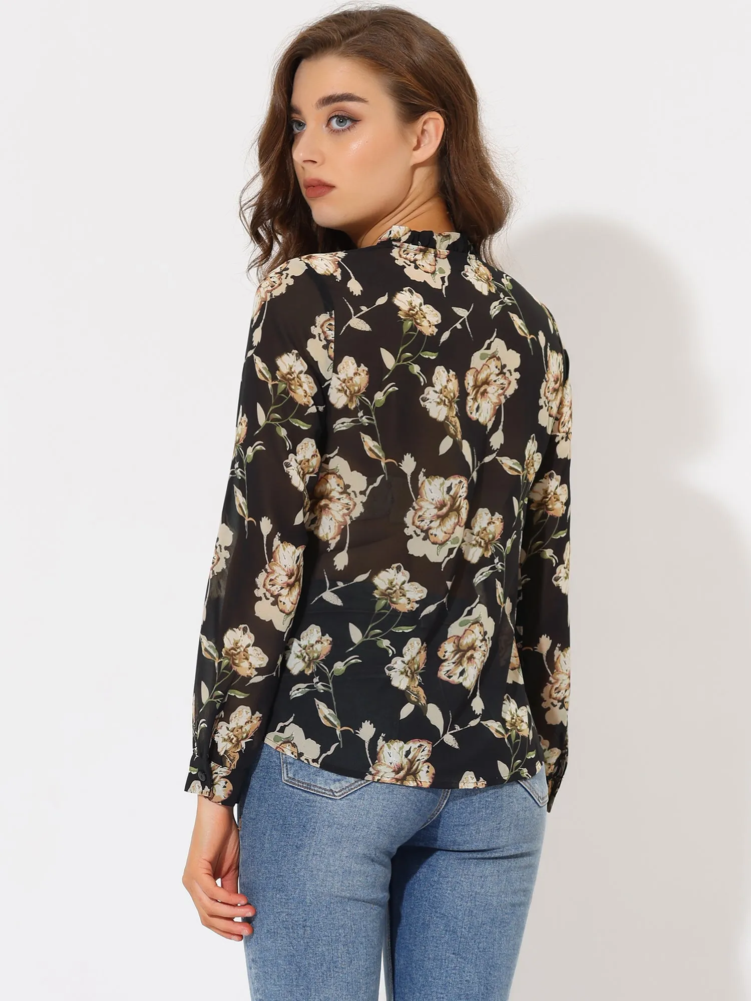 Floral Long Sleeve Lightweight Retro Ruffled Button Chiffon Shirt sold by Allegra K product image thumbnail 3