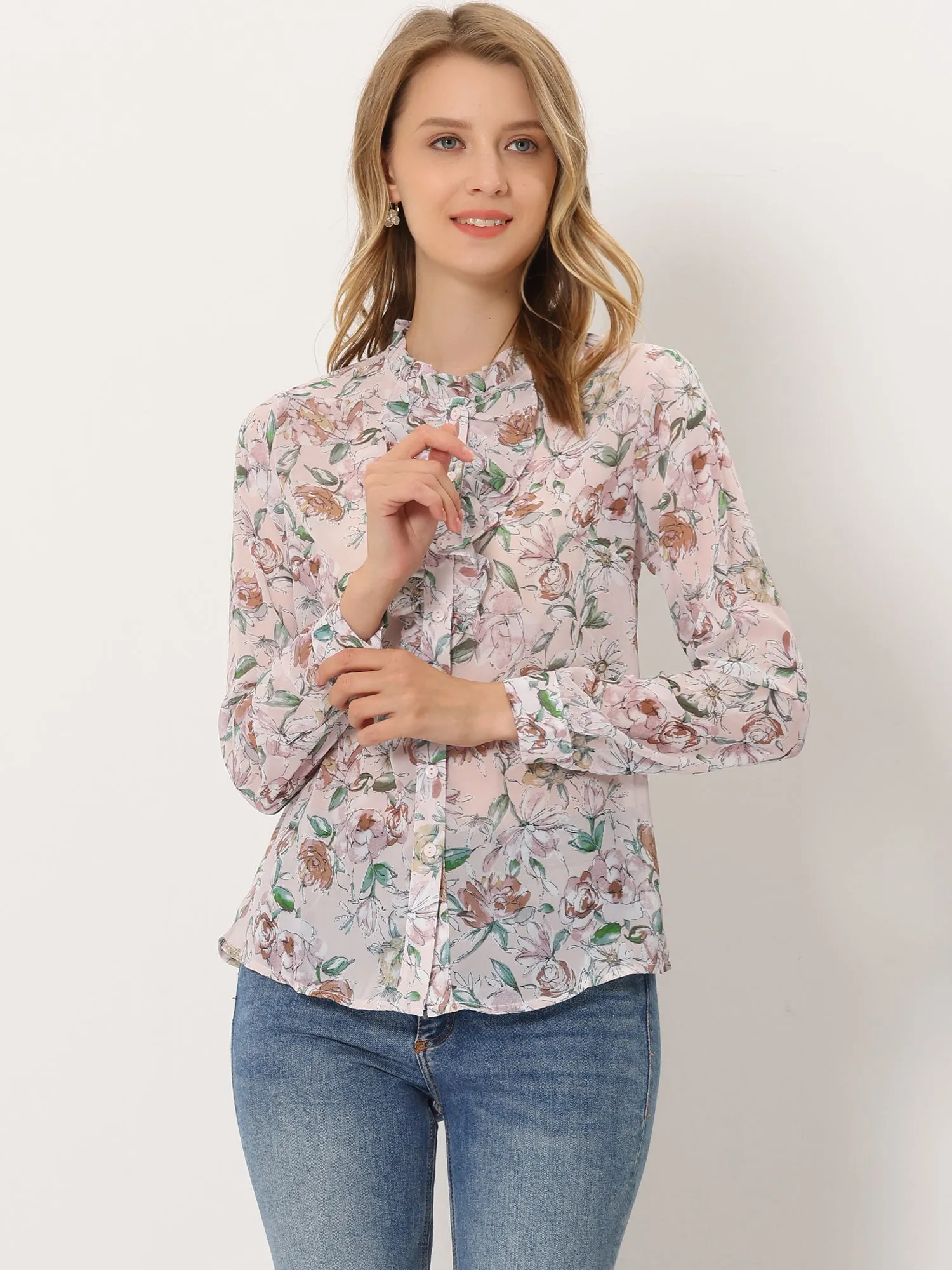 Floral Long Sleeve Lightweight Retro Ruffled Button Chiffon Shirt sold by Allegra K product image thumbnail 5