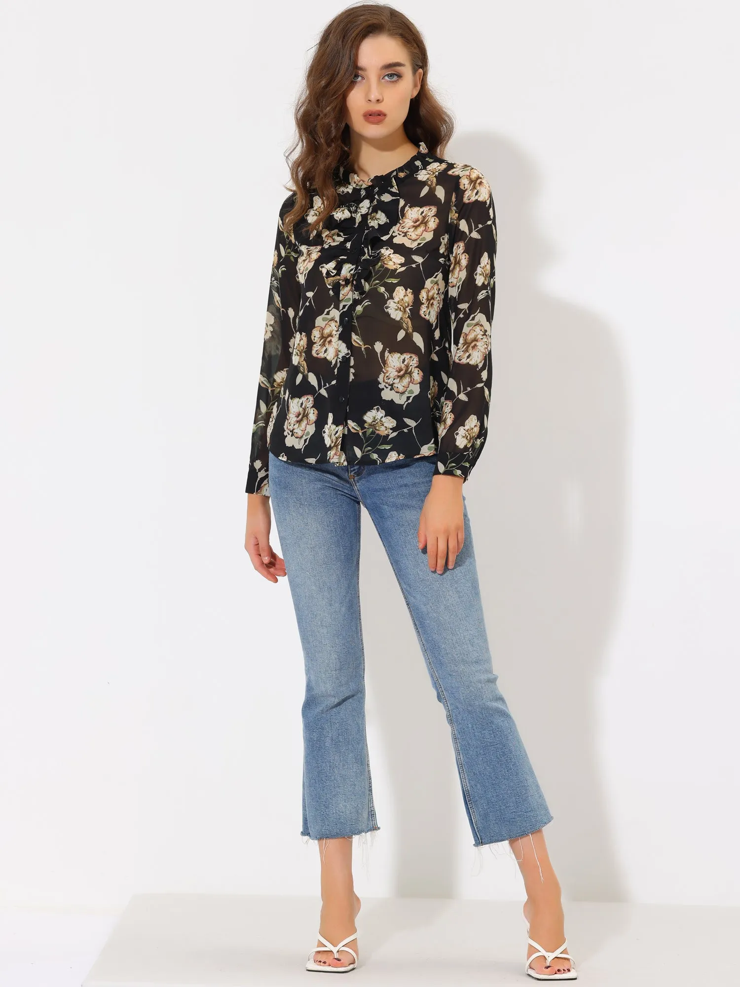 Floral Long Sleeve Lightweight Retro Ruffled Button Chiffon Shirt sold by Allegra K