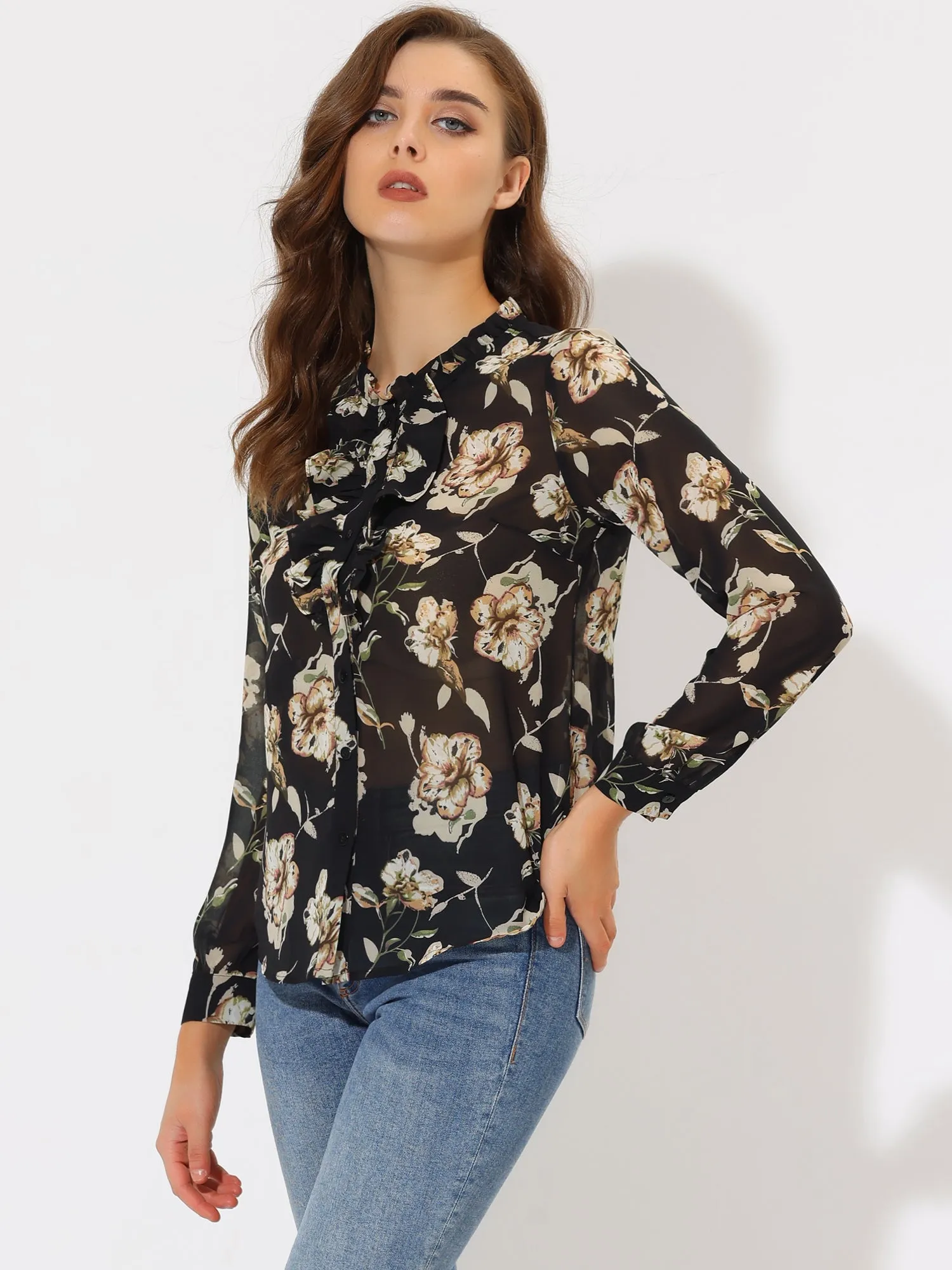 Floral Long Sleeve Lightweight Retro Ruffled Button Chiffon Shirt sold by Allegra K product image thumbnail 2
