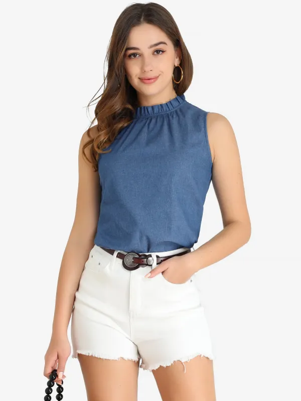 Denim Sleeveless Top Frill Mock Neck Ruffle Chambray Blouse sold by Allegra K