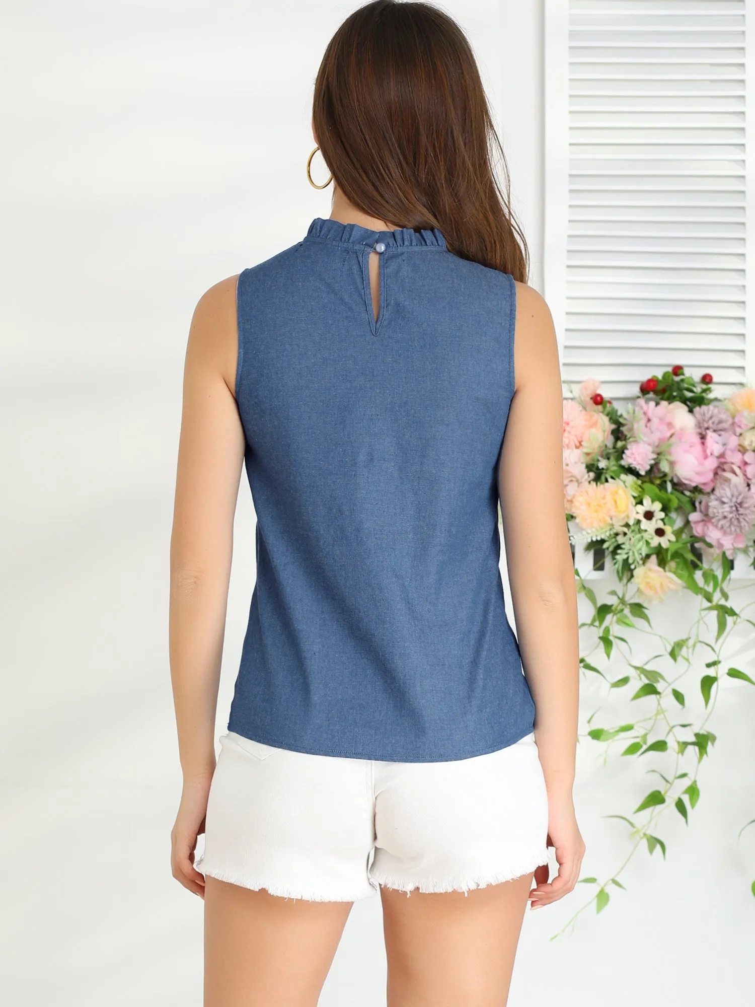 Denim Sleeveless Top Frill Mock Neck Ruffle Chambray Blouse sold by Allegra K product image thumbnail 5