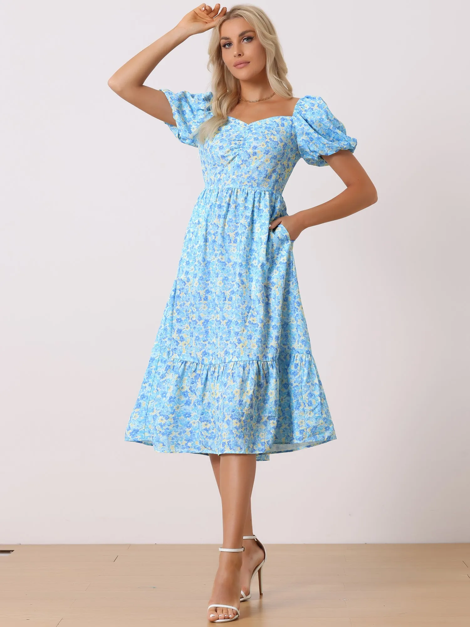 Floral Puff Short Sleeve A-Line Casual midi Dress sold by Allegra K