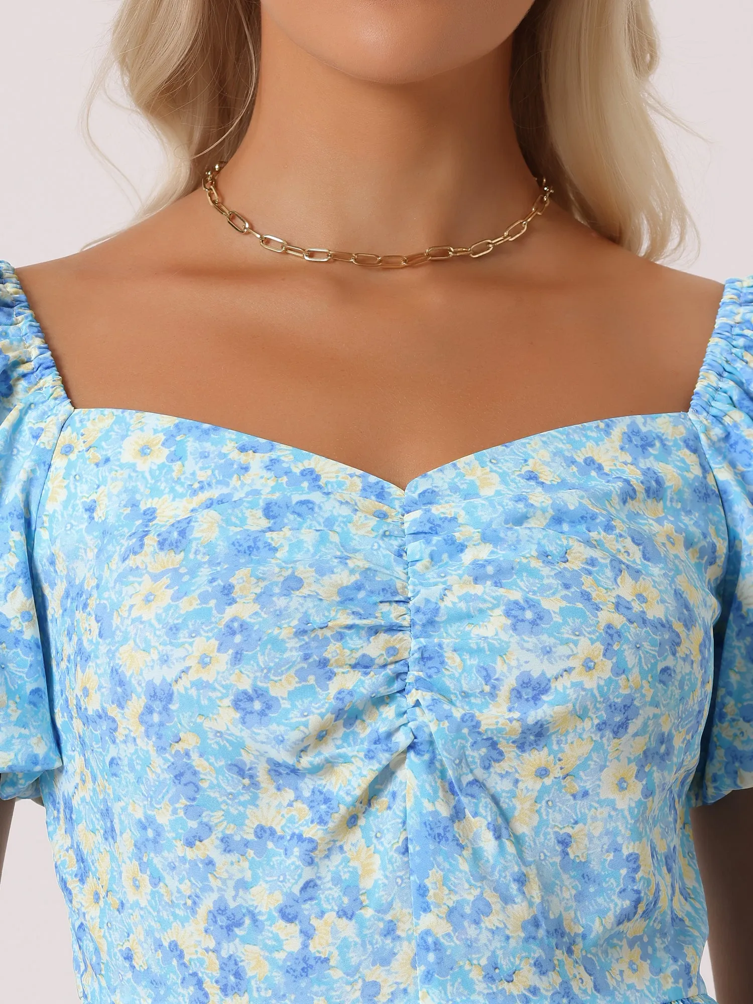 Floral Puff Short Sleeve A-Line Casual midi Dress sold by Allegra K product image thumbnail 4