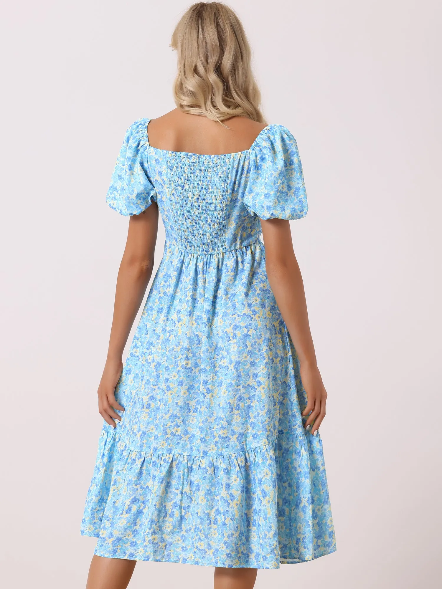 Floral Puff Short Sleeve A-Line Casual midi Dress sold by Allegra K product image thumbnail 3