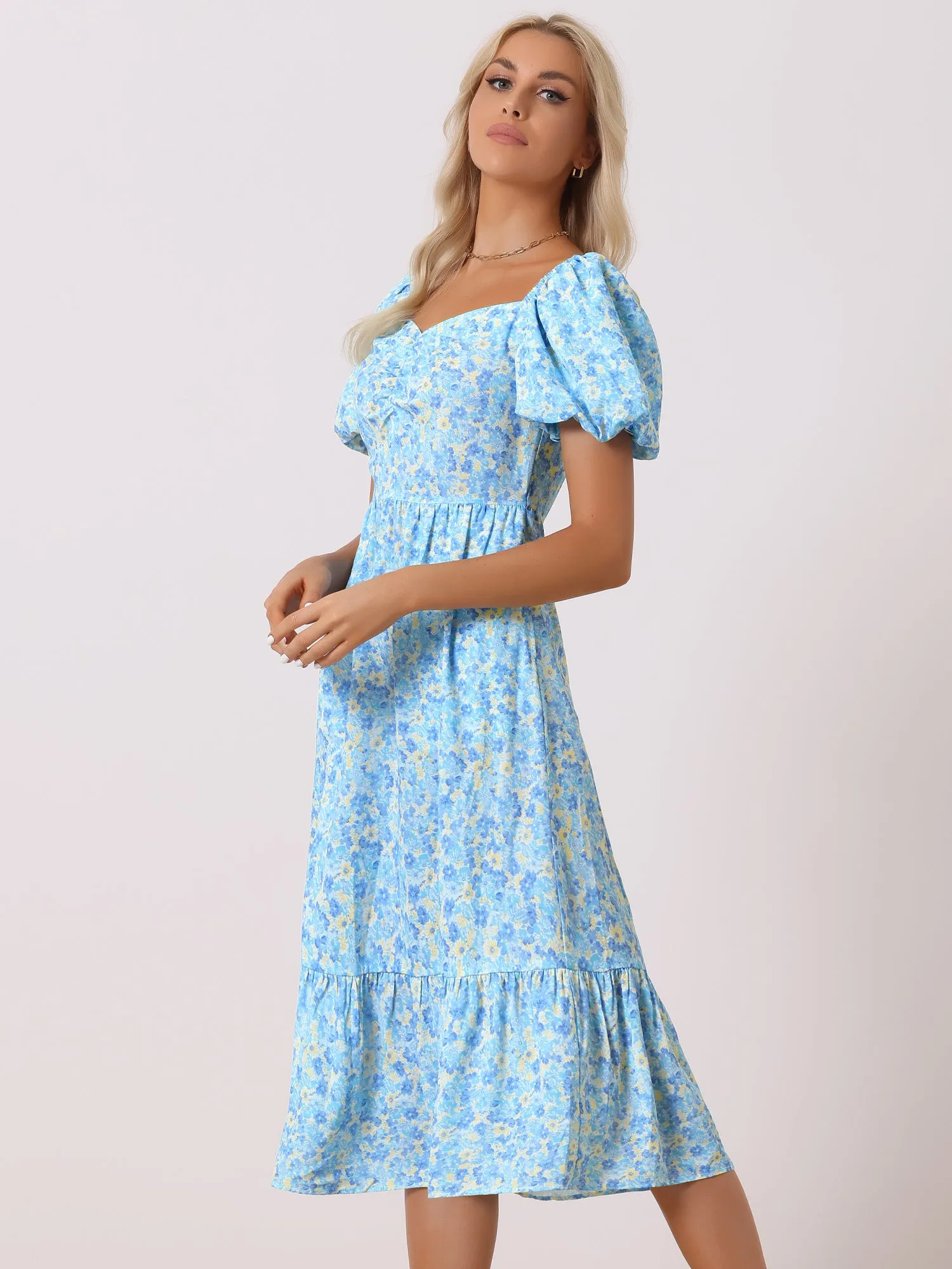 Floral Puff Short Sleeve A-Line Casual midi Dress sold by Allegra K product image thumbnail 2
