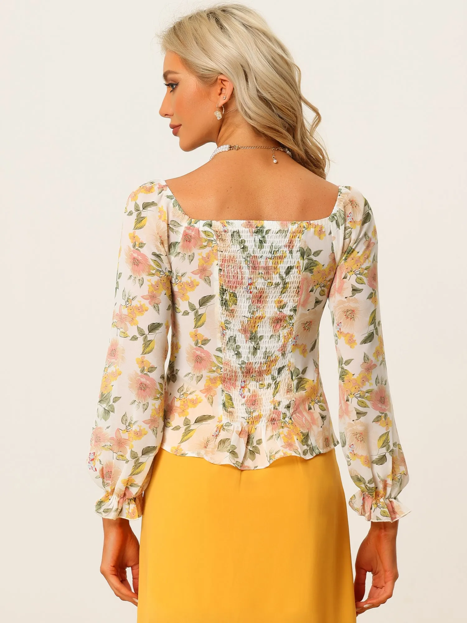 Square Neck Tops Smocked Back Puff Sleeve Elegant Floral Blouse sold by Allegra K product image thumbnail 3