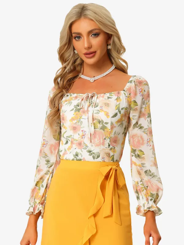 Square Neck Tops Smocked Back Puff Sleeve Elegant Floral Blouse sold by Allegra K