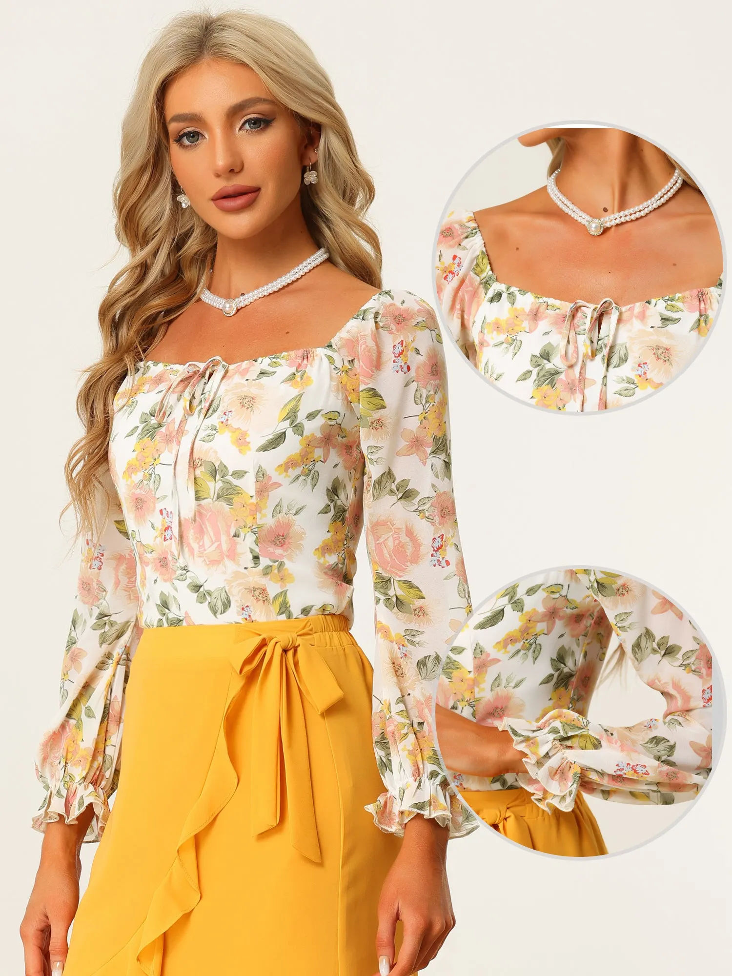 Square Neck Tops Smocked Back Puff Sleeve Elegant Floral Blouse sold by Allegra K product image thumbnail 2