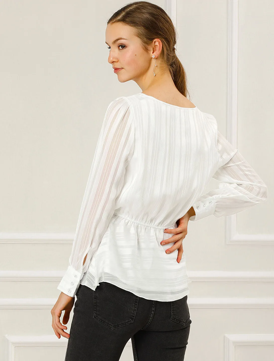 Peplum Tops Satin Long Sleeve Ruffled Boat Neck Blouse sold by Allegra K product image thumbnail 4
