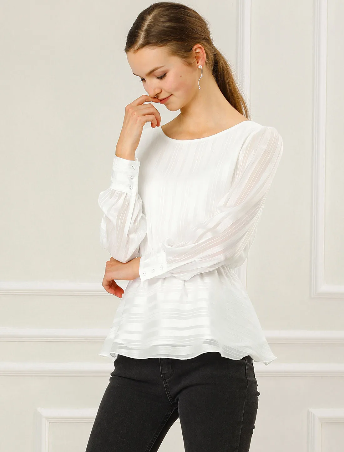 Peplum Tops Satin Long Sleeve Ruffled Boat Neck Blouse sold by Allegra K