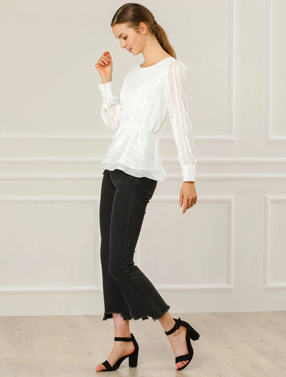 Peplum Tops Satin Long Sleeve Ruffled Boat Neck Blouse sold by Allegra K product image thumbnail 3