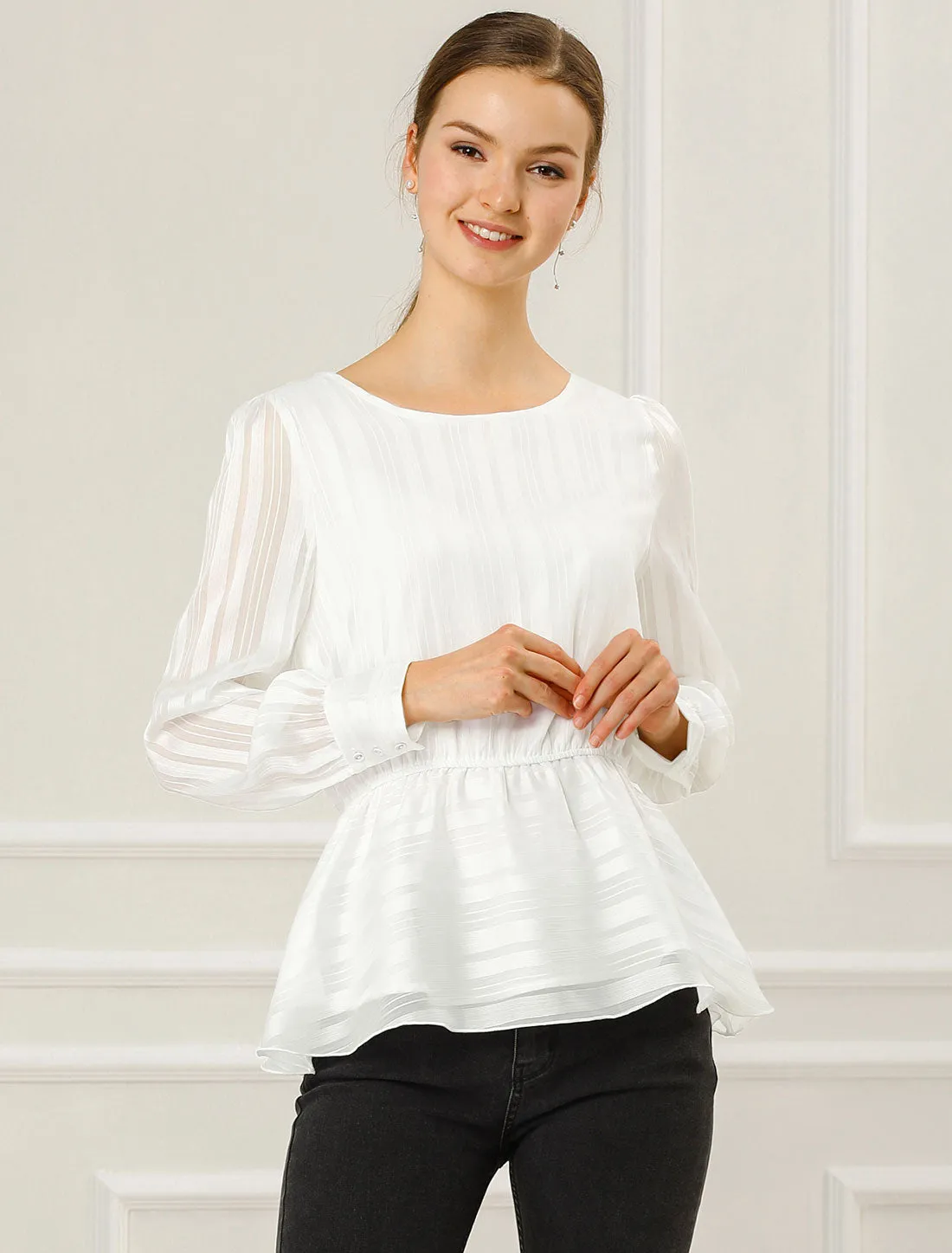 Peplum Tops Satin Long Sleeve Ruffled Boat Neck Blouse sold by Allegra K product image thumbnail 2