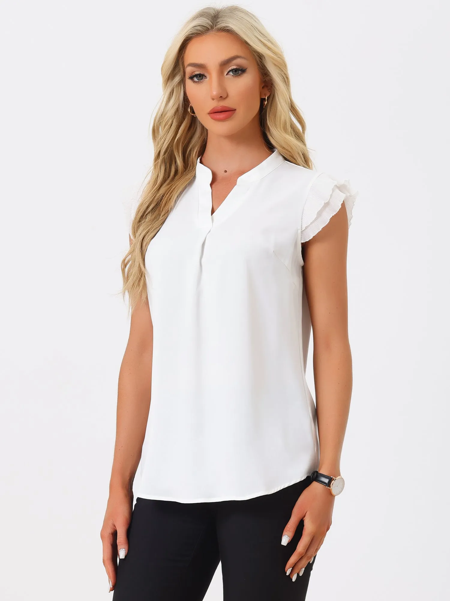 V Neck Ruffle Cap Sleeves Solid Elegant Blouse sold by Allegra K