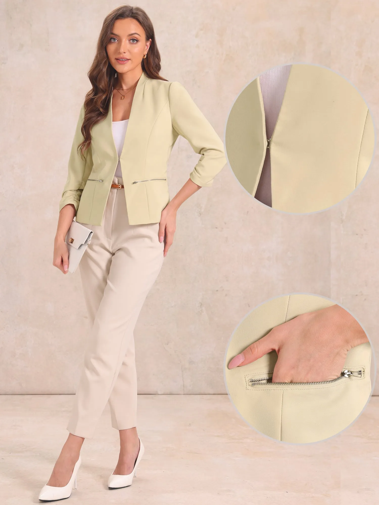 3/4 Sleeved Zipper Pockets Open Front Work Office Casual Blazer sold by Allegra K product image thumbnail 2