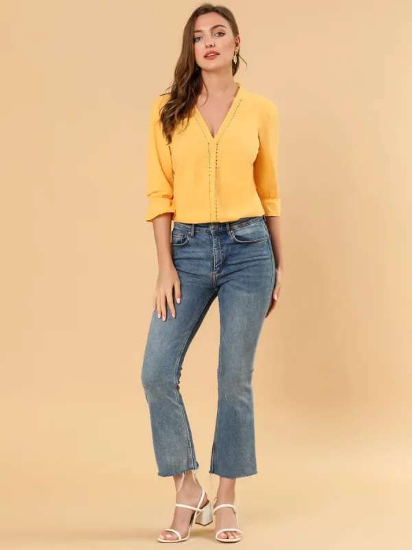 Lace Eyelet Boho Blouse V Neck 3/4 Sleeve Work Office Casual Top sold by Allegra K