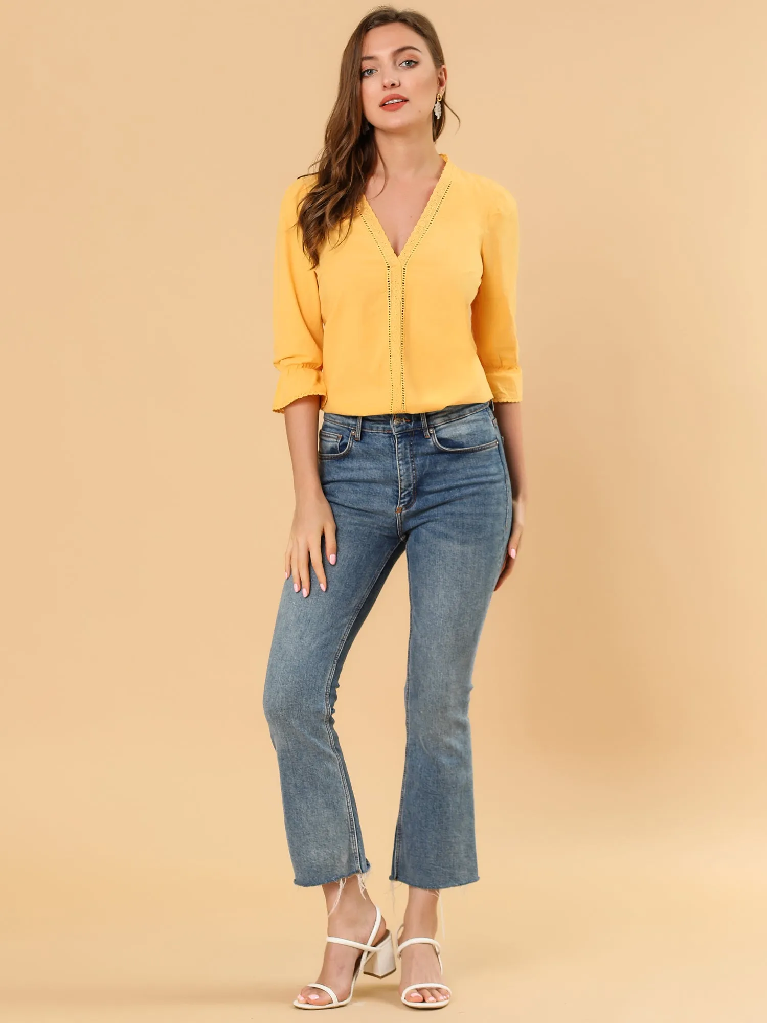 Lace Eyelet Boho Blouse V Neck 3/4 Sleeve Work Office Casual Top sold by Allegra K