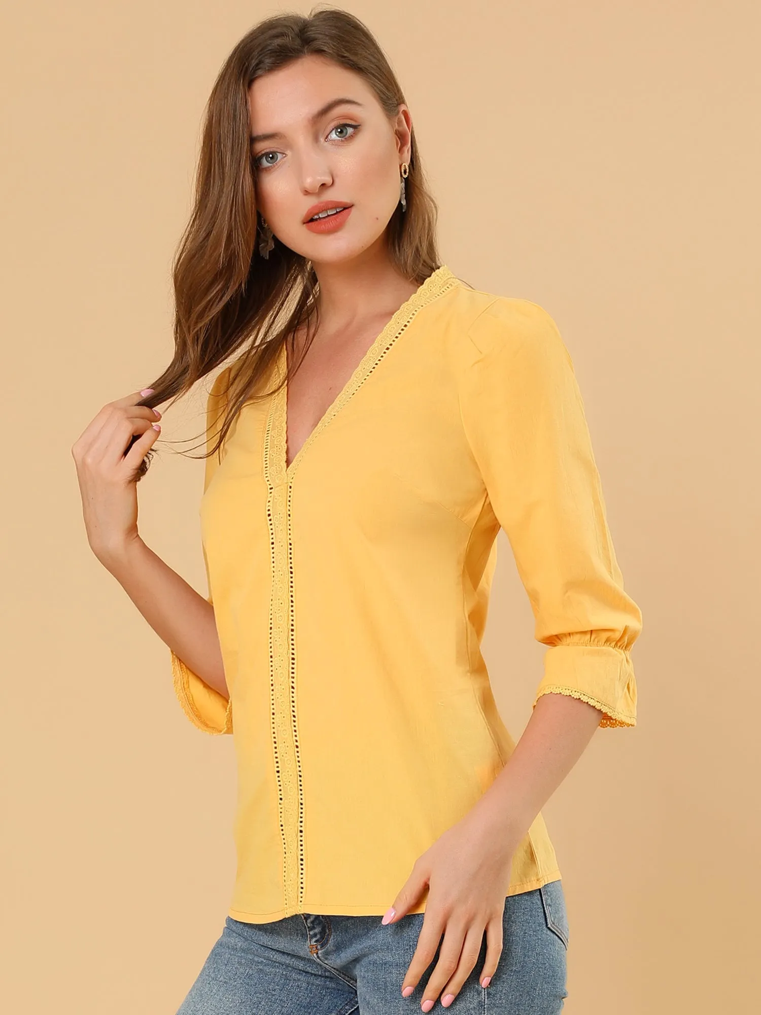 Lace Eyelet Boho Blouse V Neck 3/4 Sleeve Work Office Casual Top sold by Allegra K product image thumbnail 2