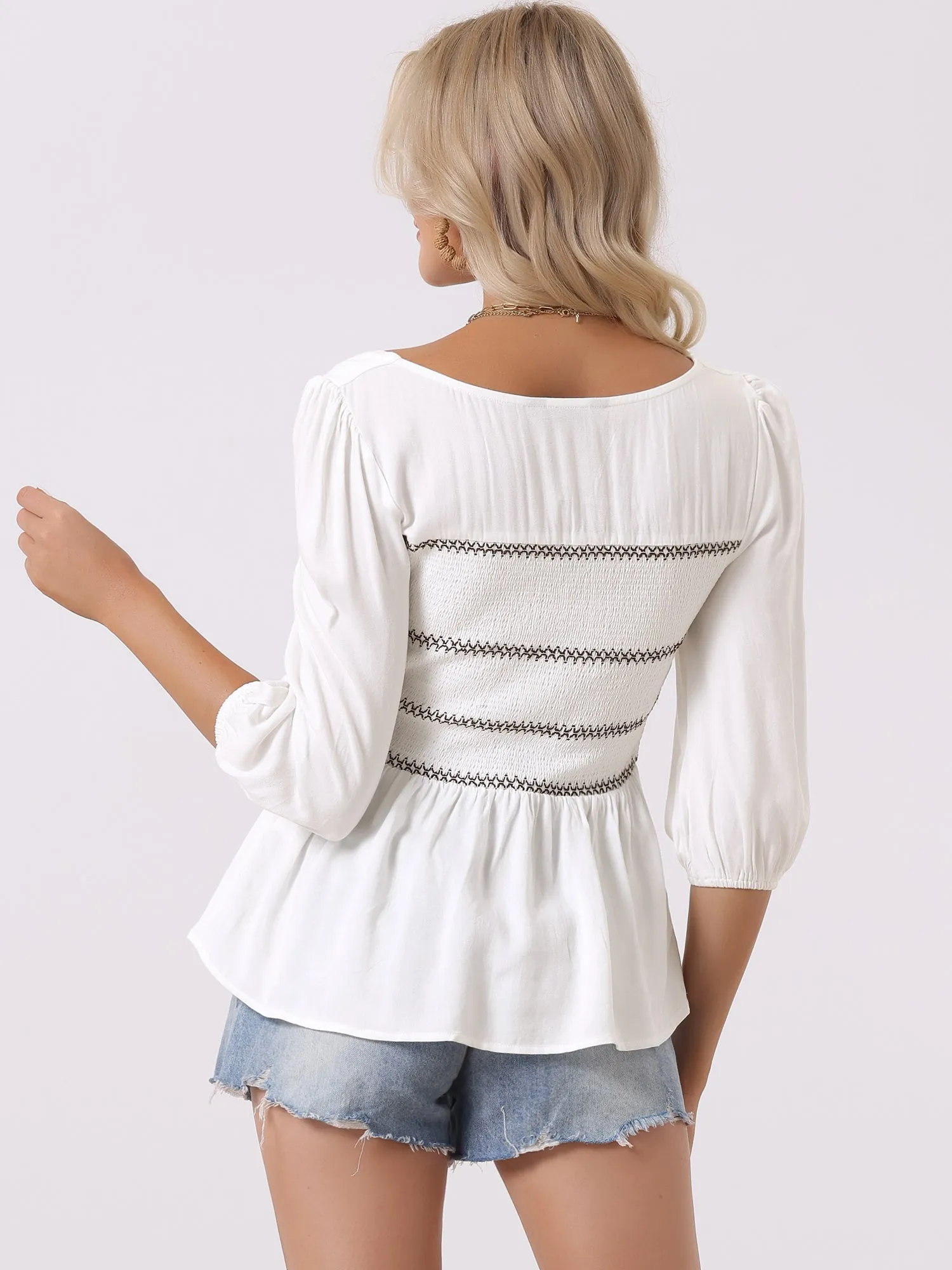 Boho Smocked 3/4 Sleeve Ruffle Square Neck Peplum Blouse sold by Allegra K product image thumbnail 3