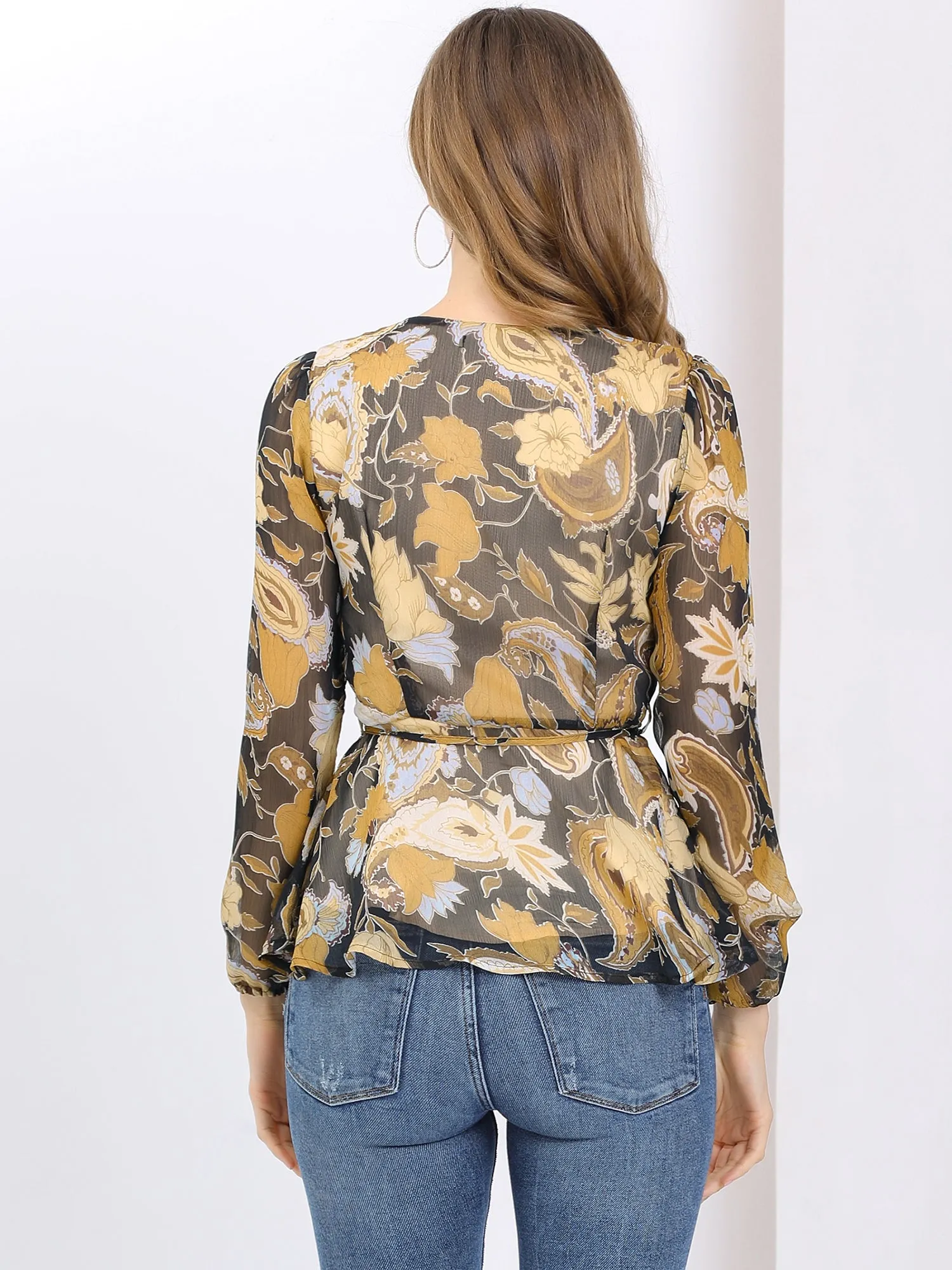 Floral Peplum Top V Neck Chiffon Long Sleeve Shirt Blouse sold by Allegra K product image thumbnail 4