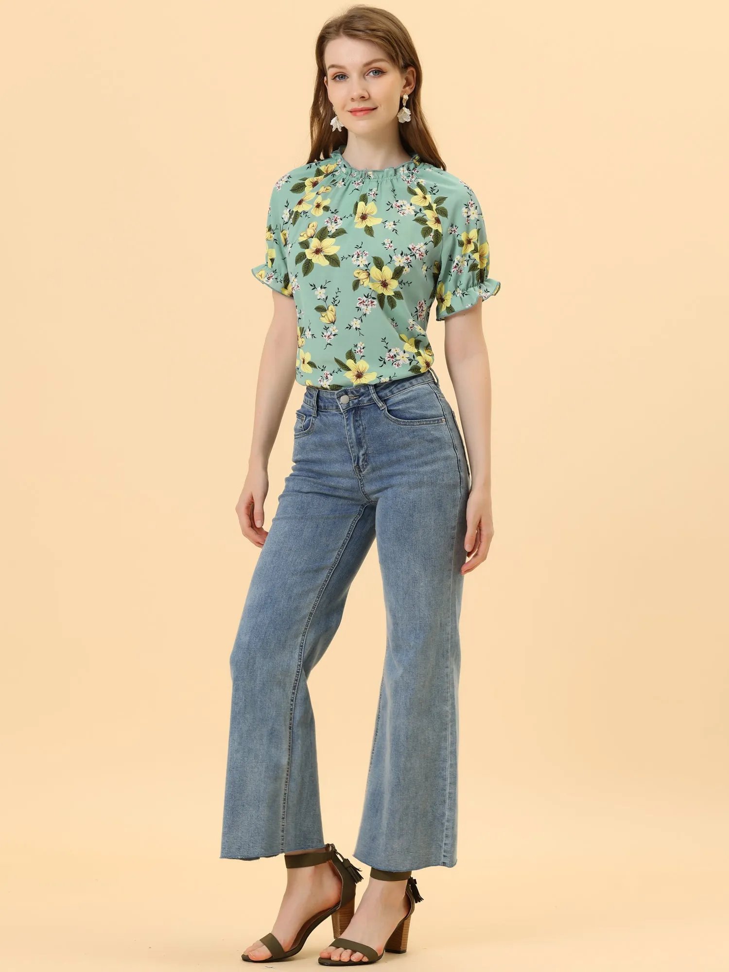 Ruffled Short Sleeve Floral Print Mock Neck Blouses sold by Allegra K product image thumbnail 2