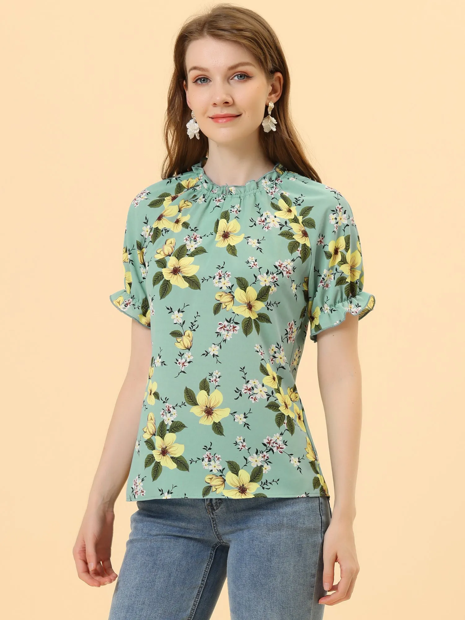 Ruffled Short Sleeve Floral Print Mock Neck Blouses sold by Allegra K product image thumbnail 3