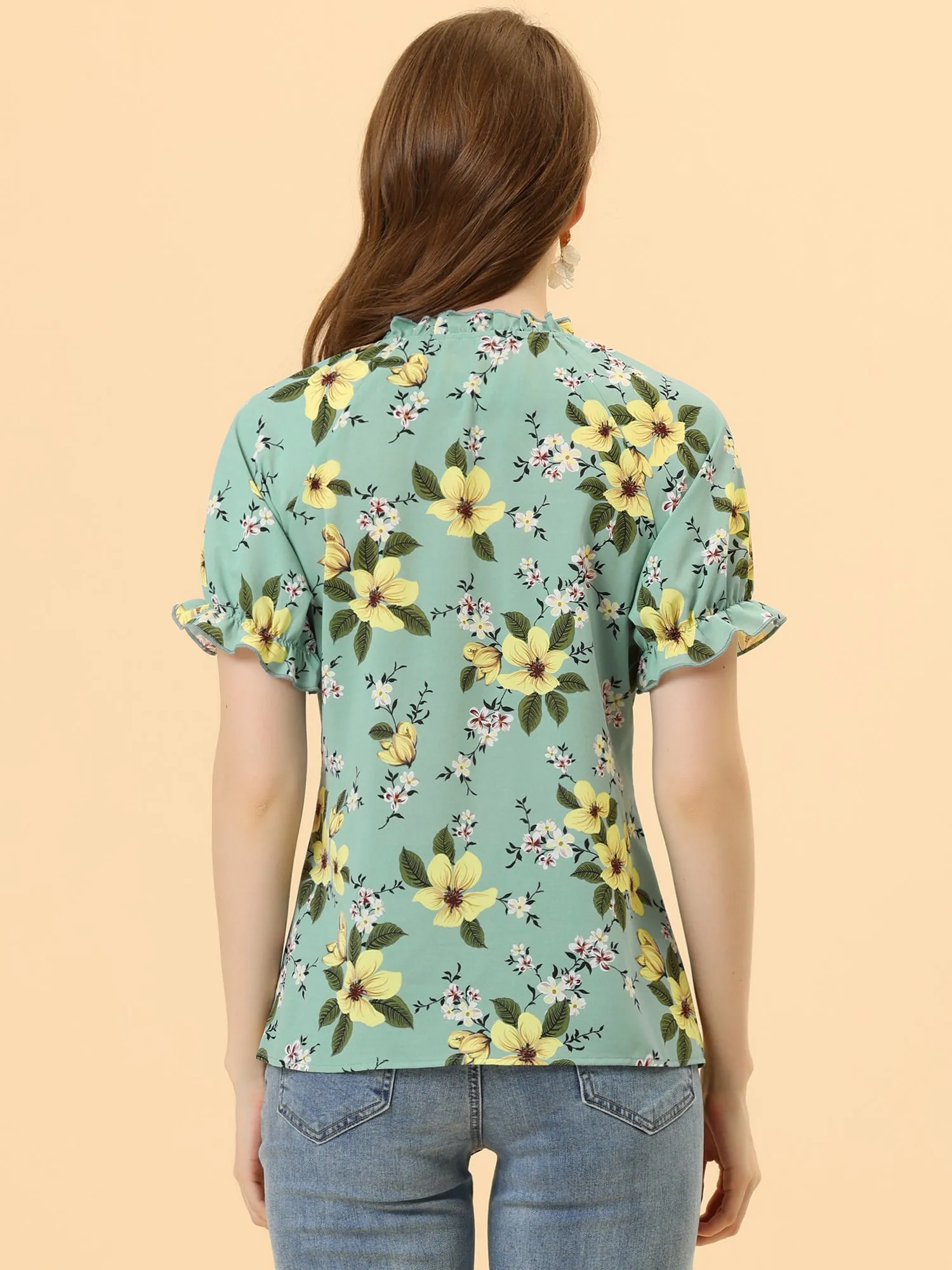 Ruffled Short Sleeve Floral Print Mock Neck Blouses sold by Allegra K product image thumbnail 4