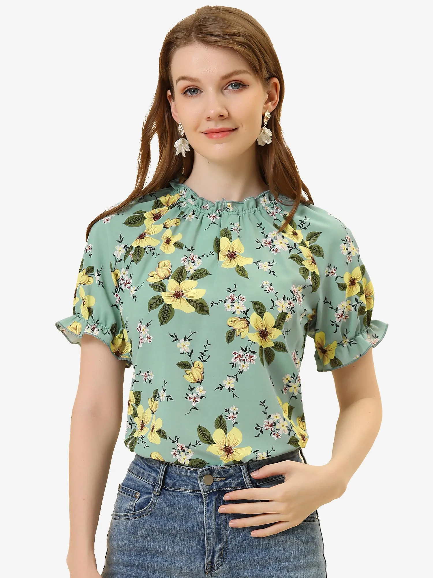 Ruffled Short Sleeve Floral Print Mock Neck Blouses sold by Allegra K