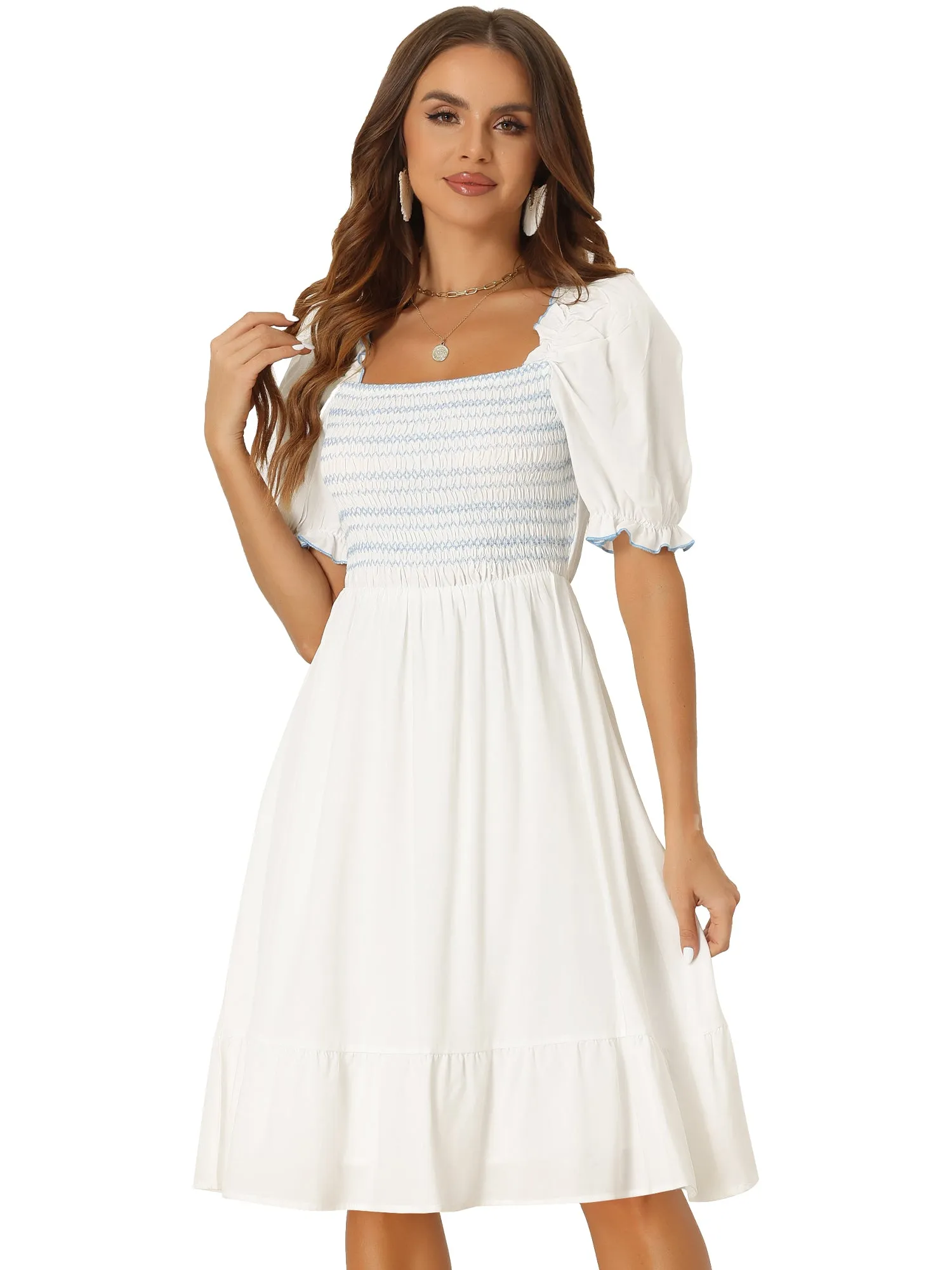 Smocked Puff Short Sleeve Ruffle Shirred Summer Midi Dress sold by Allegra K product image thumbnail 4