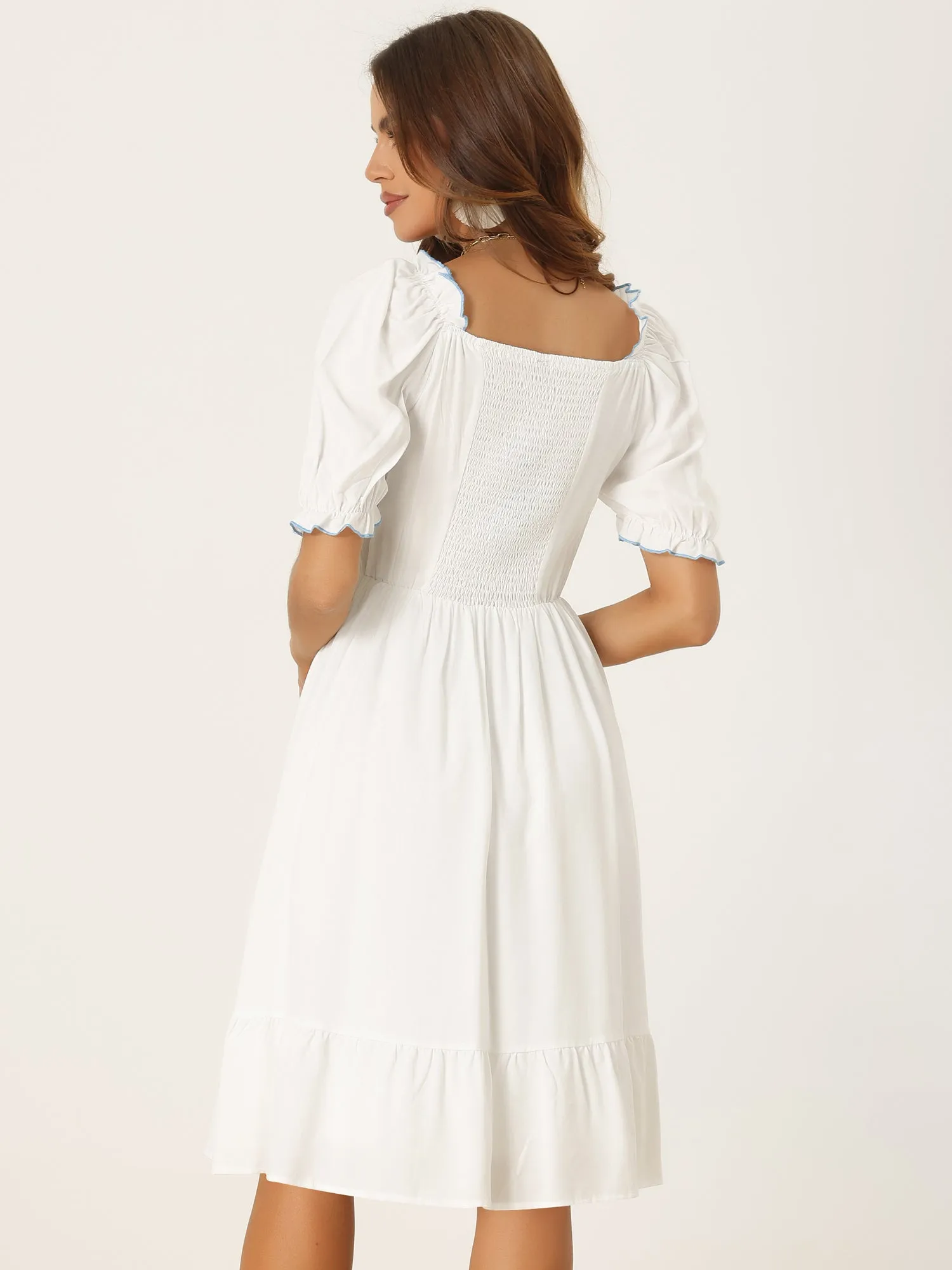 Smocked Puff Short Sleeve Ruffle Shirred Summer Midi Dress sold by Allegra K product image thumbnail 3