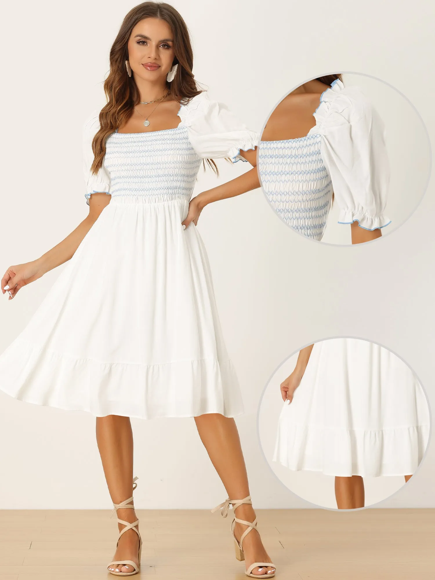 Smocked Puff Short Sleeve Ruffle Shirred Summer Midi Dress sold by Allegra K product image thumbnail 2