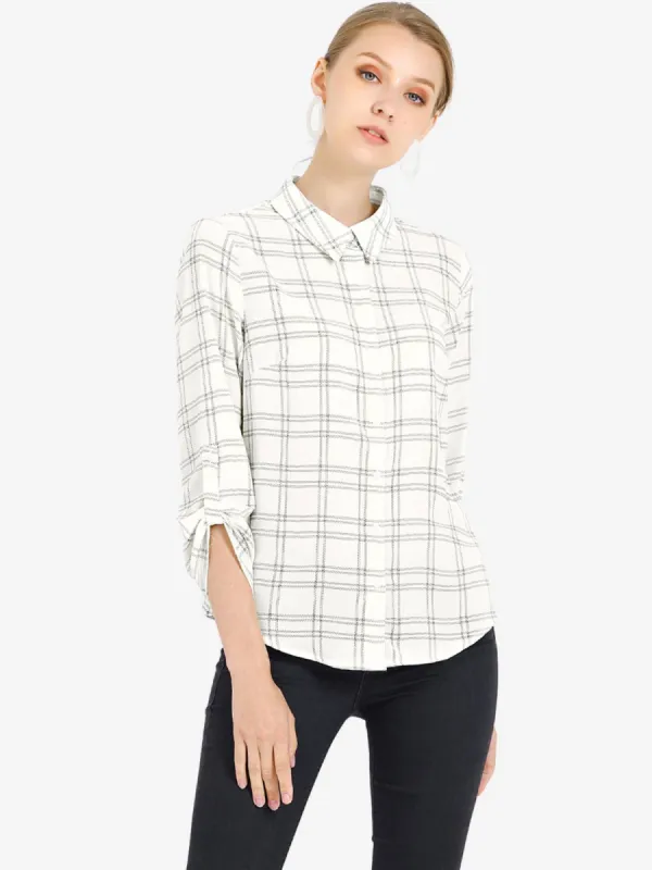 Roll Up Sleeve Collared Button Up Plaid Office Shirt sold by Allegra K