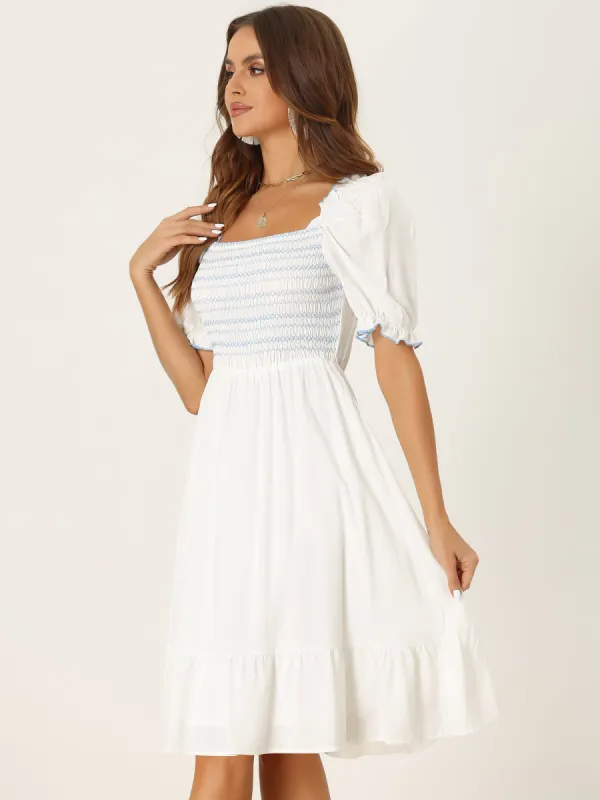 Smocked Puff Short Sleeve Ruffle Shirred Summer Midi Dress sold by Allegra K