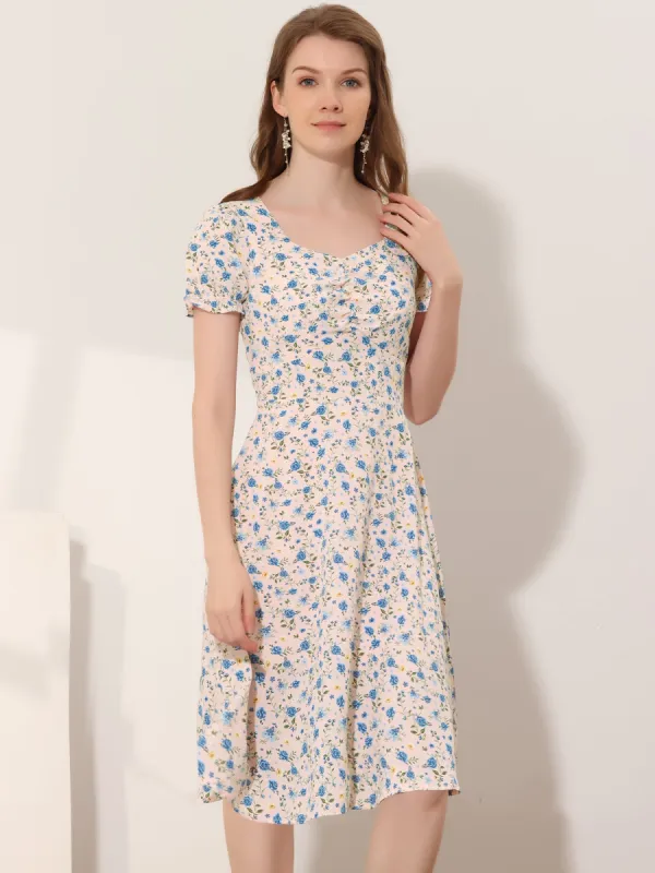 Floral Sweetheart Neck Smock Ruffle Cherry Print A-Line Dress sold by Allegra K