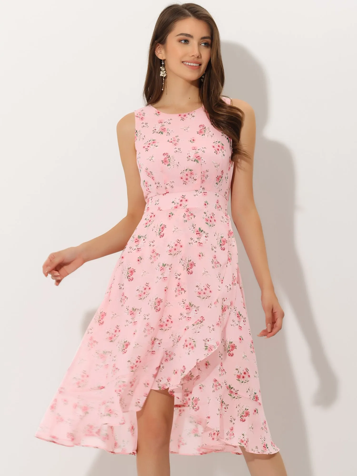 Ruffle High Low Hem Round Neck Sleeveless Floral Midi Dress sold by Allegra K product image thumbnail 5