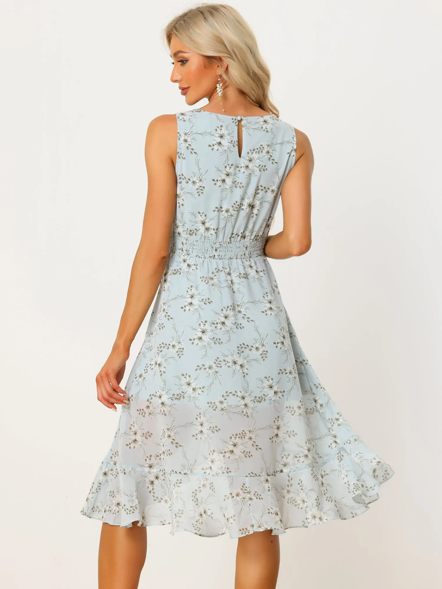 Ruffle High Low Hem Round Neck Sleeveless Floral Midi Dress sold by Allegra K product image thumbnail 3