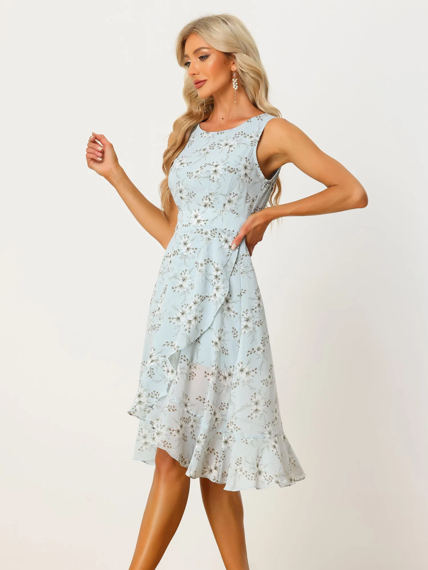 Ruffle High Low Hem Round Neck Sleeveless Floral Midi Dress sold by Allegra K product image thumbnail 2