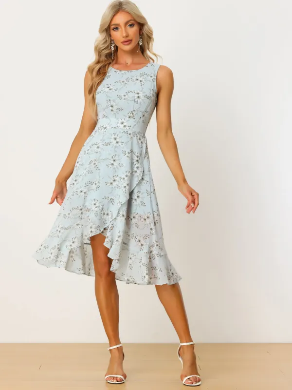 Ruffle High Low Hem Round Neck Sleeveless Floral Midi Dress sold by Allegra K
