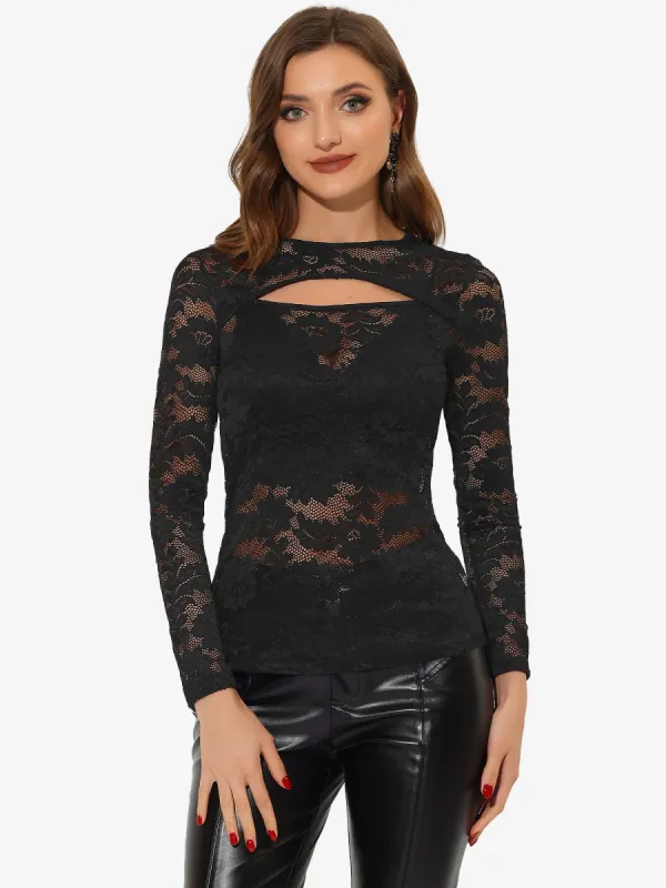 See Through Cut Out Long Sleeve Semi Sheer Fitted Lace Top sold by Allegra K